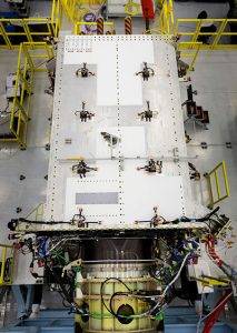 In May 2017, the U.S. Air Force’s second GPS III satellite was fully assembled and entered into Space Vehicle (SV) single line flow when Lockheed Martin technicians successfully integrated its system module, propulsion core and antenna deck. (Photo: Lockheed Martin)