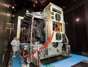 Thermal Vacuum testing verifies that a satellite can operate in space’s extreme environment. (Photo: Lockheed Martin)