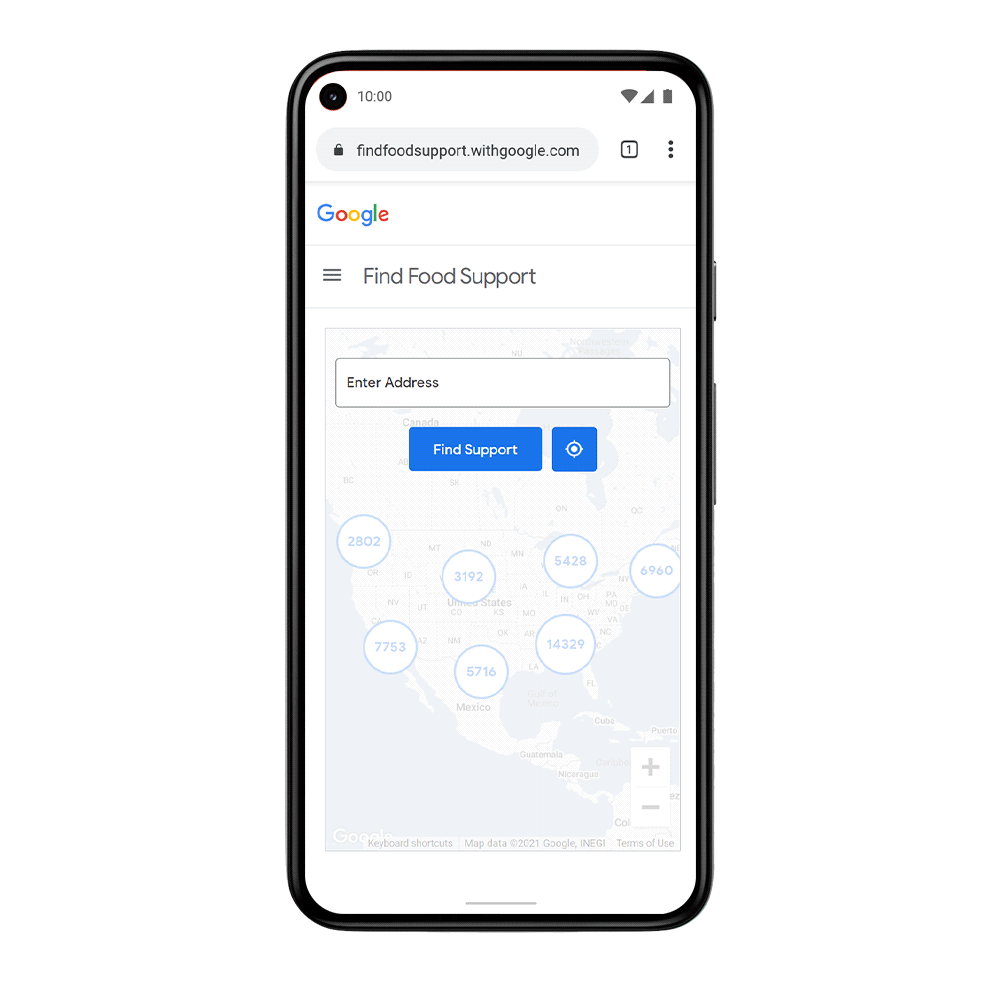 A mobile device showing the new Find Food Support Google Maps locator tool where people can search for food banks, food pantries and school lunch pickup sites in their community.
