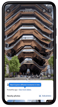 A gif of a mobile phone scrolling through historical Street View imagery of The Vessel in New York on Google Maps