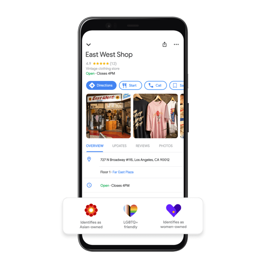 A screenshot of East West Shop on Google Maps, showcasing the business identifies as Asian-owned, LGBTQ+ Friendly, and women-owned.
