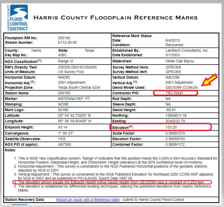 Harris County Floodplain Reference Mark Datasheet. (Image: NGS)