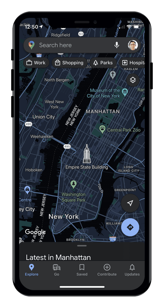 A screenshot of Google Maps on iOS in dark mode