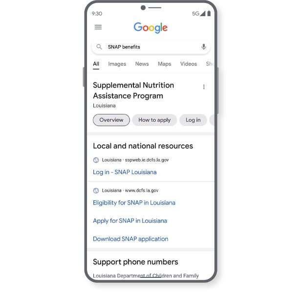 Mobile image showing Google Search results for the query “SNAP benefits,” with details about program eligibility and links to apply for local programs.