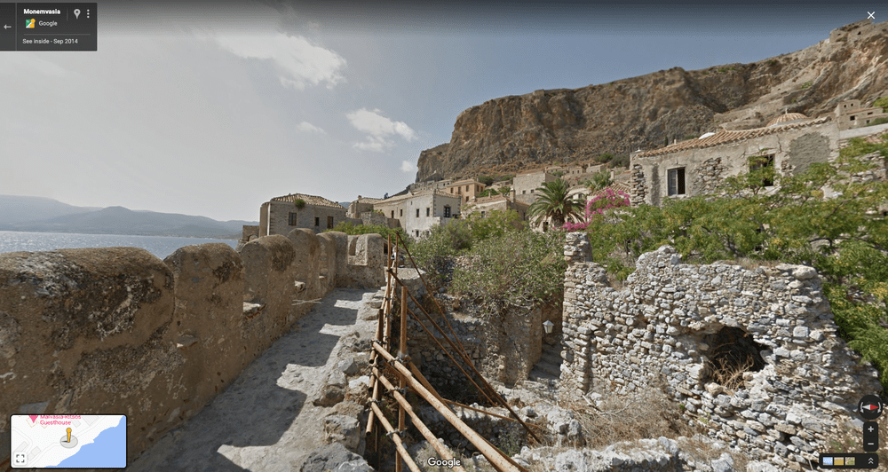 Street View image of a Greek town next to the ocean